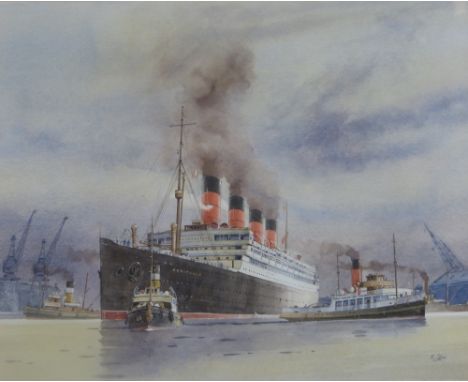 K. Glen (20th/21st century), "Aquitania", watercolour, signed lower right hand corner, 36 x 44cm, blue/silver frame, ARR