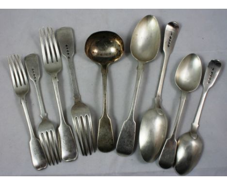 A George III and later silver part canteen of fiddle pattern cutlery for six place settings, various makers, London 1824 - 18