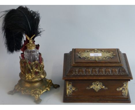 A French Art Nouveau style desk stand, the gilded spelter base moulded with figures, flowers and insects containing a moulded