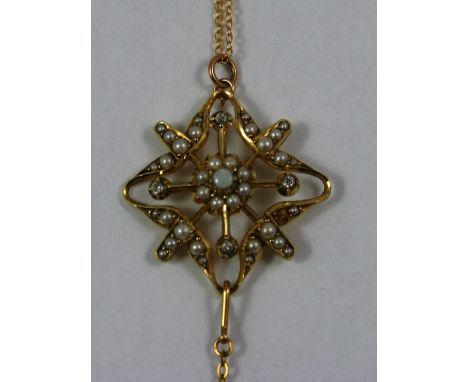 An opal, pearl and diamond set pendant, stamped 15ct, of openwork form, to a silver gilt chain.