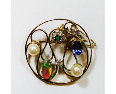 A gold mounted multi gem set abstract brooch, set with diamonds, sapphire, black opal, emerald and pearls.