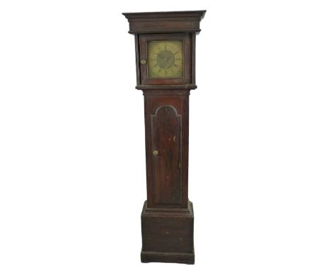 A 19th century stained pine long case clock, the 30 hour movement striking on a bell, 10" brass dial, the brass chapter ring 