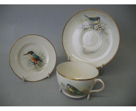 A Royal Worcester cup and saucer, each painted with a Blue Tit on a blossoming branch, signed W. Powell with title to base, d