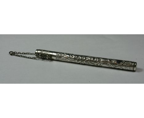 An Edwardian silver chatelaine thermometer case, Birmingham 1905, with embossed and chased floral decoration, pull off cover,