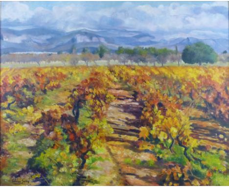 Catalina Salas (b.1951), vineyard, oil on canvas, signed lower left hand corner, 80 x 100 cm, mahogany frame. ARR. Born in In