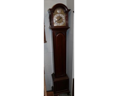 An Edwardian small chiming longcase clock, movement chiming on gong rods 