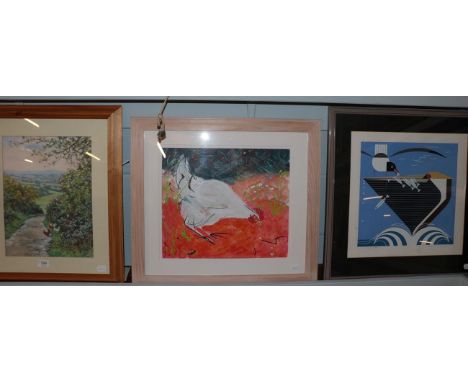 S Clark, 'Peck Peck', signed, inscribed and dated, mixed media together with P.Cox 'Distant Dartmoor', signed pastel and a si