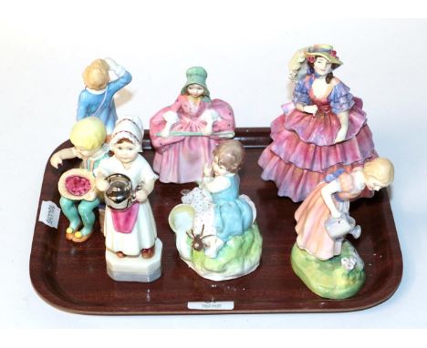 Four Royal Doulton figures including 'Mary Mary', 'Little Boy Blue', 'Bo-Peep' and another; with three Royal Worcester figure
