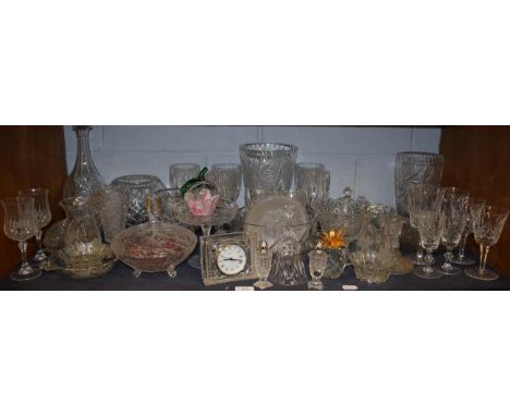 A quantity of modern cut glass to include: fruit bowls, vases, decanters, drinking glasses, Swarovski cut glass pineapple pap