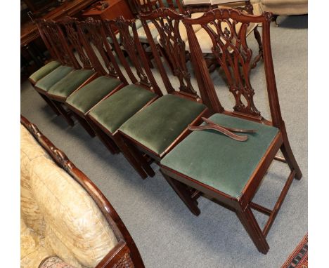 Three pairs of 19th century mahogany dining chairs in the Chippendale taste; a pair of George III dining chairs; all with mat
