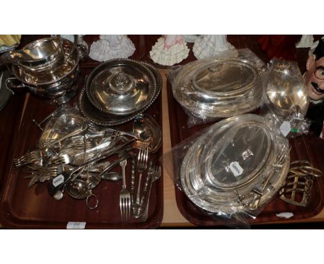 A collection of silver plate including: a pair of entree-dishes and cover, with Celtic knot borders; a French small tureen an