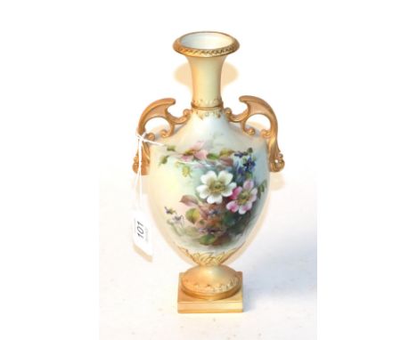 A blush ivory Royal Worcester vase painted with flowers  CONDITION REPORT: Generally good condition throughout. 23cm high. 