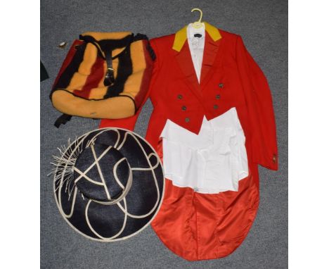 Red hunting tails jacket with brass button initialled 'CH', white waistcoat; navy and cream large straw occasion hat in box; 