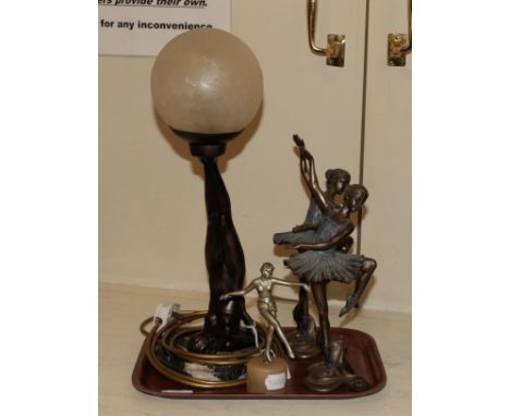 An Art Deco style spelter figural lamp; an Art Deco figure, and two resin figures of ballerinas (3)