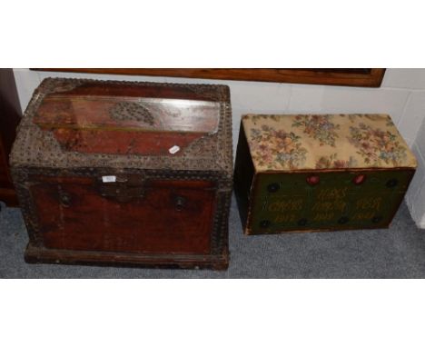 A 17th century style lacquered domed topped trunk, together with a painted pine Swedish child's trunk 