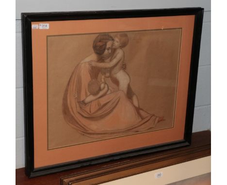 British School (early 20th century) Mother seated with children, initialled R and dated 12th June 1921, coloured chalks, 47.5