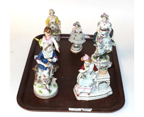A Meissen style porcelain figure of a flower seller, marked R1762; with other Continental figures; a Royal Worcester figure; 