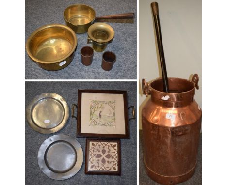 A pewter plate engraved 'LW Escrick'; another pewter plate; brass pan; silver mounted ebony stick; pottery teapot stand; copp