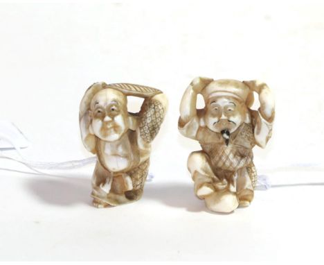 A Japanese ivory netsuke, Meiji period, as Daikokuten standing, his hands on his head, signed, 4cm high; and a similar figure