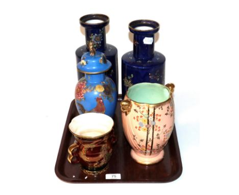 A pair of Wiltshaw &amp; Robinson Carlton Ware rouleau vases, circa 1920's, decorated with gilt embellished and enamel Chinoi