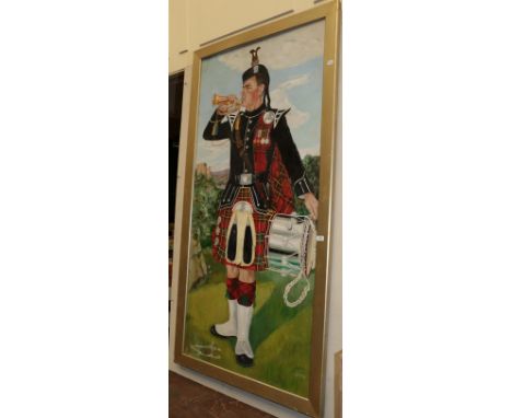 British School 20th Century, Portrait of a Scottish bugler, full length signed 'Nicholson' and dated 1954, oil on canvas 