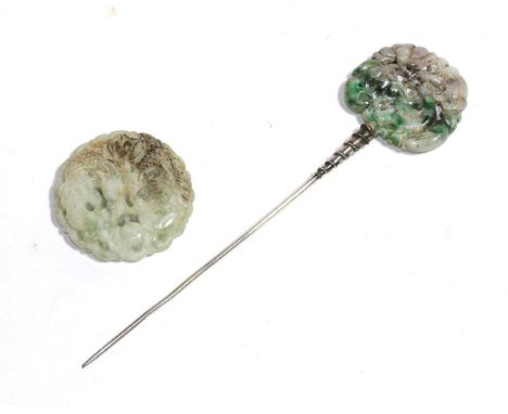 Two Chinese jade plaques, one mounted on a hair pin