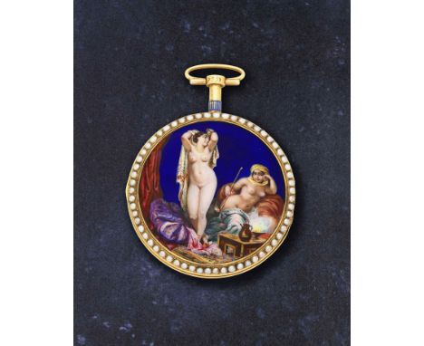 Le Bon. Très rare et belle montre de gousset à cadran ouvert en or jaune 18K (750) sertie de perles avec décor en émail remon