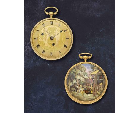 Exceptionelle, rare et belle montre de gousset à cadran ouvert en or jaune 18K (750) avec automate musical remontoir à clefAn