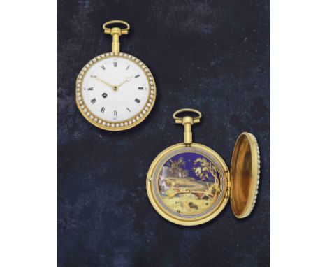 Exceptionelle, rare et belle montre de gousset automate à cadran ouvert en or jaune 18K (750) avec décor en émail, perles et 