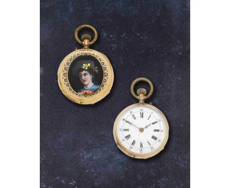 Huguenin Genève. Montre de gousset à cadran ouvert en or jaune 14K (585) avec portrait en émail remontoir au pendantHuguenin 