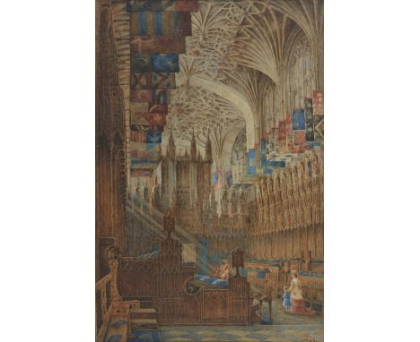 *Windsor.  Interior view of St George's Church and Chapel, Windsor, late 19th century, watercolour on paper, signed MEW lower