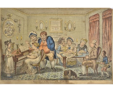 *Gillray (James). Farmer Giles & his wife shewing off their daughter Betty to their neighbours, on her return from school, pu