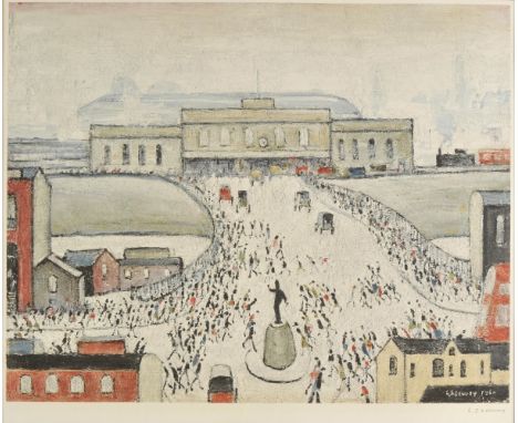 *Lowry (Laurence Stephen, 1887-1976). Station Approach,  offset lithograph in colour, from the edition of 850 published by Ad