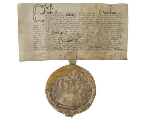*Elizabeth I - Hilliard's Second Great Seal. A deed of gift, 1592,  manuscript in Latin on vellum with decorative large initi