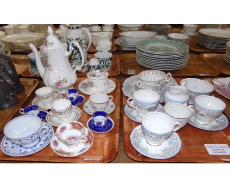 Two trays of assorted china: Foley ‘Montrose’  teacup and saucer,  three Copelands blue and white espresso cups or miniature 