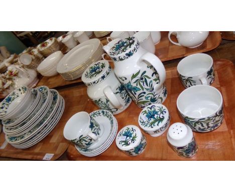 Three trays of Staffordshire 'Midwinter' tea and dinnerware: six soup bowls and a gravy boat, three bowls, four tea plates, f