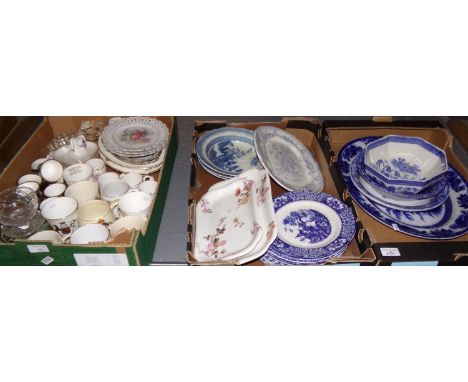 Three boxes of assorted china: blue and white 'willow pattern', small W & H 'Asiatic Pheasants' meat plate, 'Schumann' Bavari