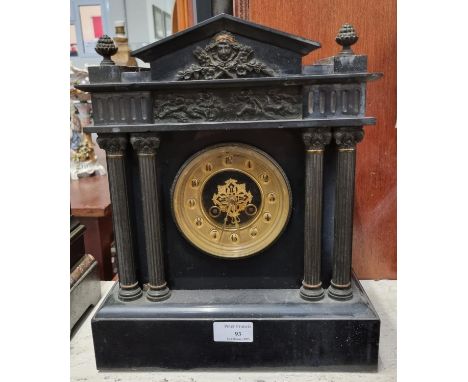 Late Victorian slate architectural two train mantle clock having gilded face.  (B.P. 21% + VAT) 