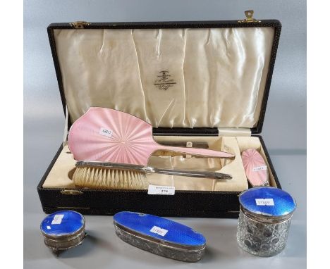 Collection of pink and blue enamel and silver vanity items, to include: hand mirror, brushes, glass jars with silver lids etc