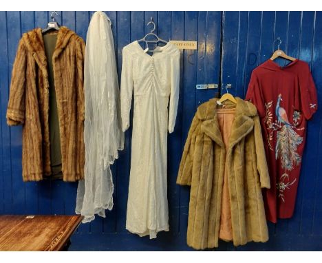 Collection of vintage clothing to include: light brown 3/4 length fur coat, a similar faux fur coat and a vintage (20's-30's)