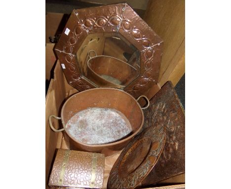 Beaten copper octagonal wall mirror with raised decoration, oval copper cream setting pan/planter, copper and brass tea caddy