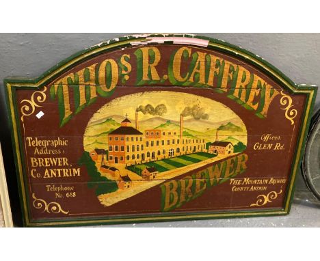 Reproduction vintage style wooden sign 'Thos. R. Caffrey, The Mountain Brewery, County Antrim'. 62 x 90cm approx. (B.P. 21% +