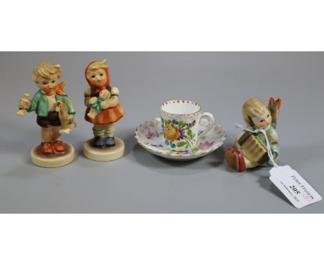 Three Hummel figurines of children together with a miniature floral and gilded cup and saucer.   (B.P. 21% + VAT) 
