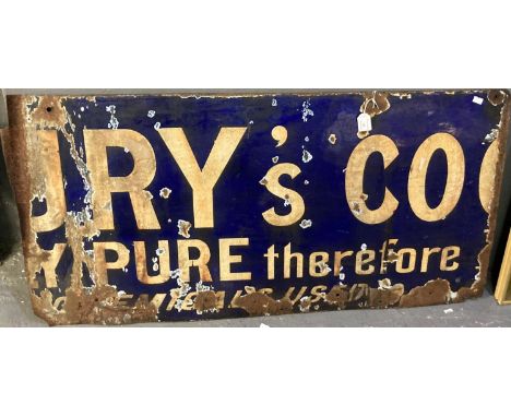 Part of a vintage single sided enamel advertising sign for Cadbury's Cocoa. Distressed condition. 105 x 55cm approx.(B.P. 21%