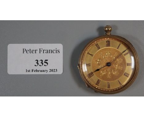 19th Century 18ct gold open faced key wind fancy fob watch with engraved and engine turned decoration and Roman face. (B.P. 2
