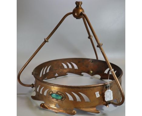 Art Nouveau Liberty style copper ceiling light fitting with pierced decoration and turquoise Ruskin style inset stone tablets