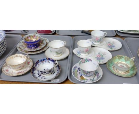 Two trays of teaware, to include: gilt blue and figural decorated trio marked 'Altwein G.K Decor Carlsbad', various cabinet c