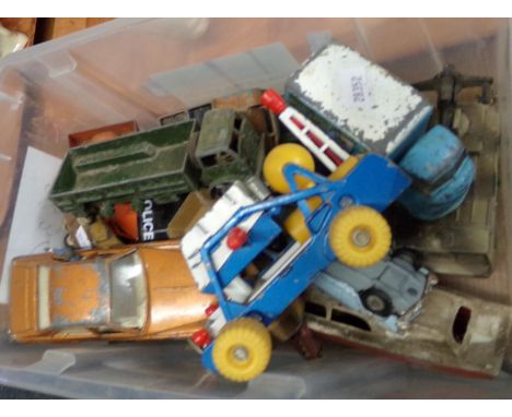 Plastic tub of playworn diecast and other model vehicles: Corgi, Dinky etc.  (B.P. 21% + VAT) 
