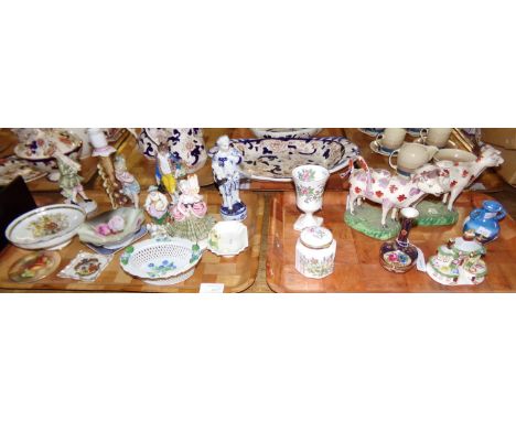 Two trays of assorted ornaments, many continental: Hungarian oval trinket dish with china basket weave sides, Italian figurin