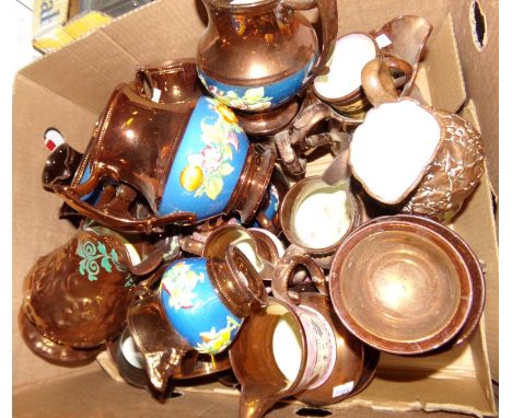 Collection of copper lustre jugs, square shaped teapot, sugar basin, goblet etc. (B.P. 21% + VAT)Blue lustre jugs - various s
